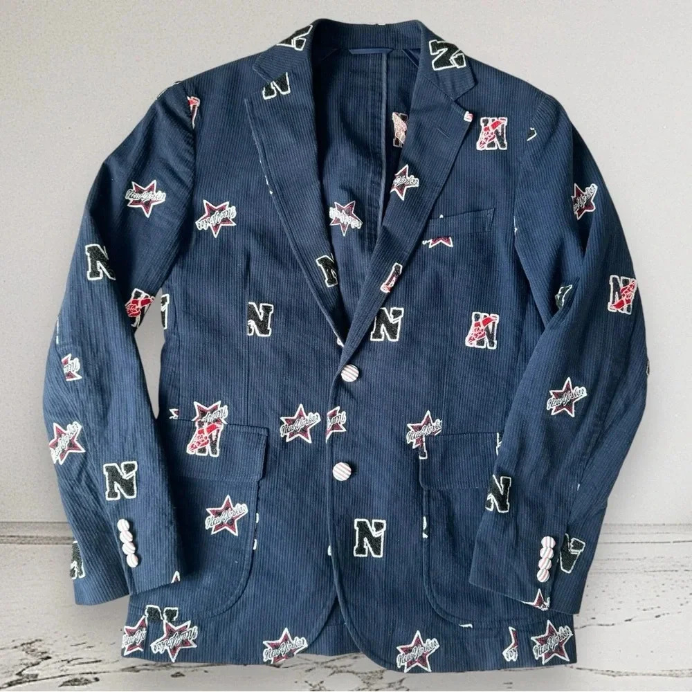 NEW YORKER by KEITA MARUYAMA Men’s Blazer Navy Corduroy Allover NY Patch Size 36